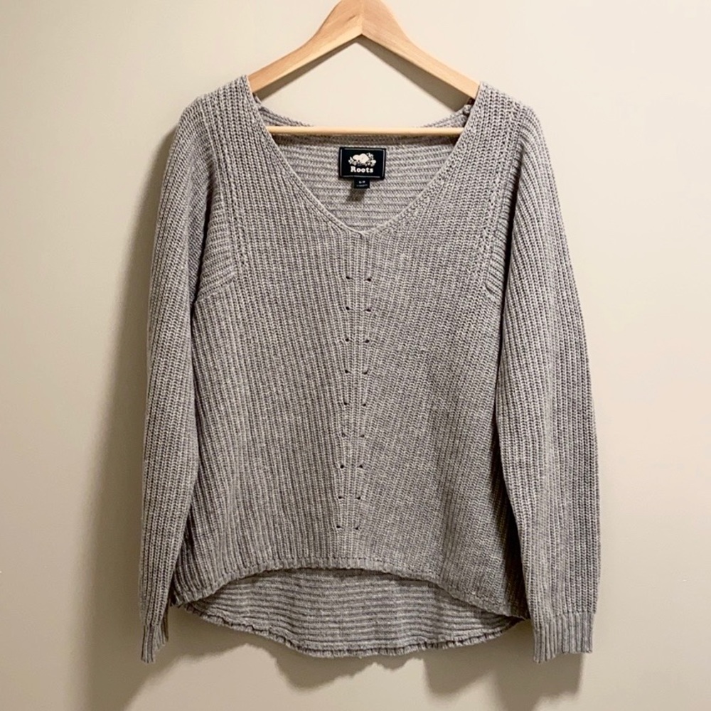 Roots Knit Scoop V Neck Sweater Grey